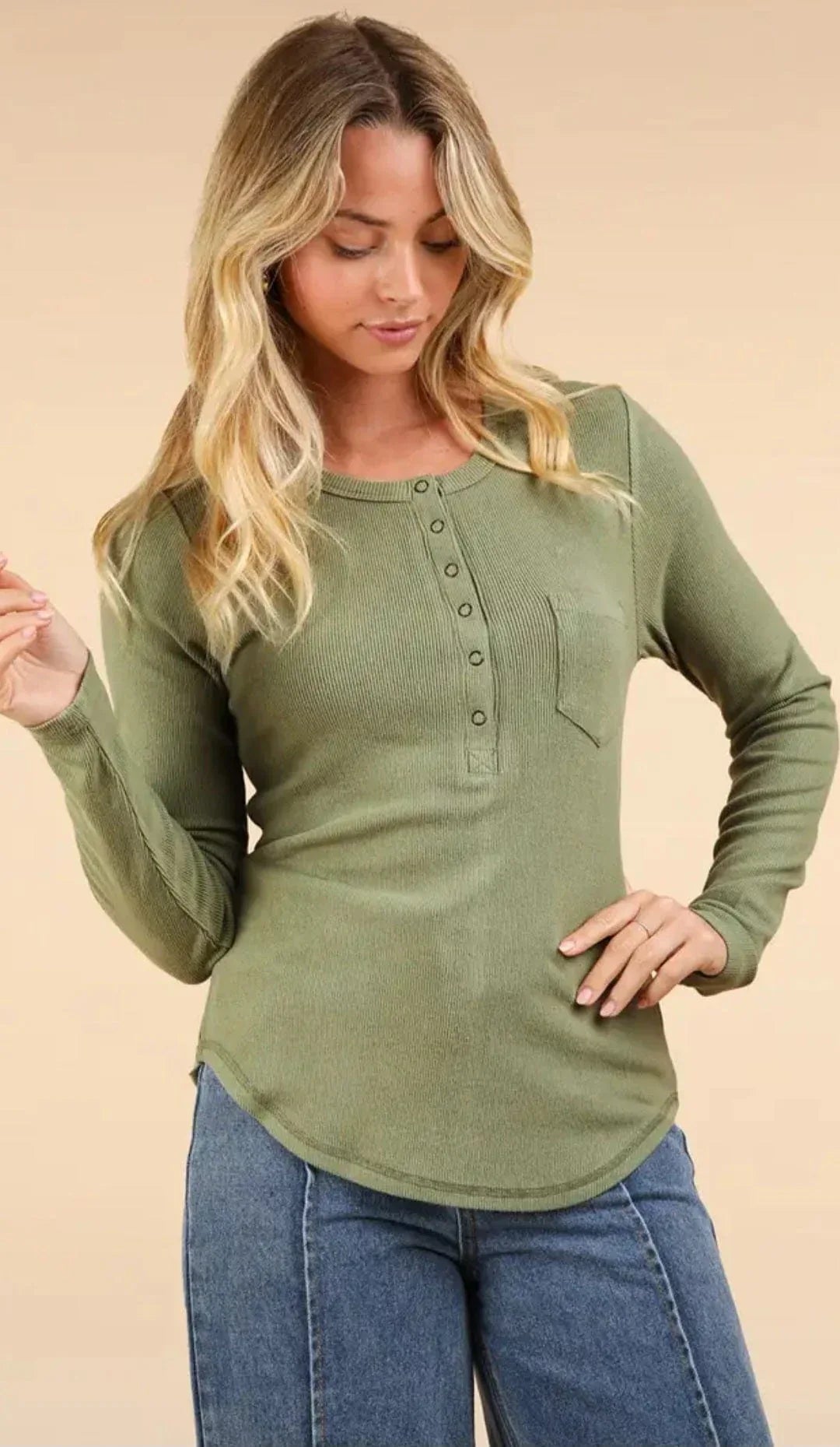 Tops Ribbed Knit Henley