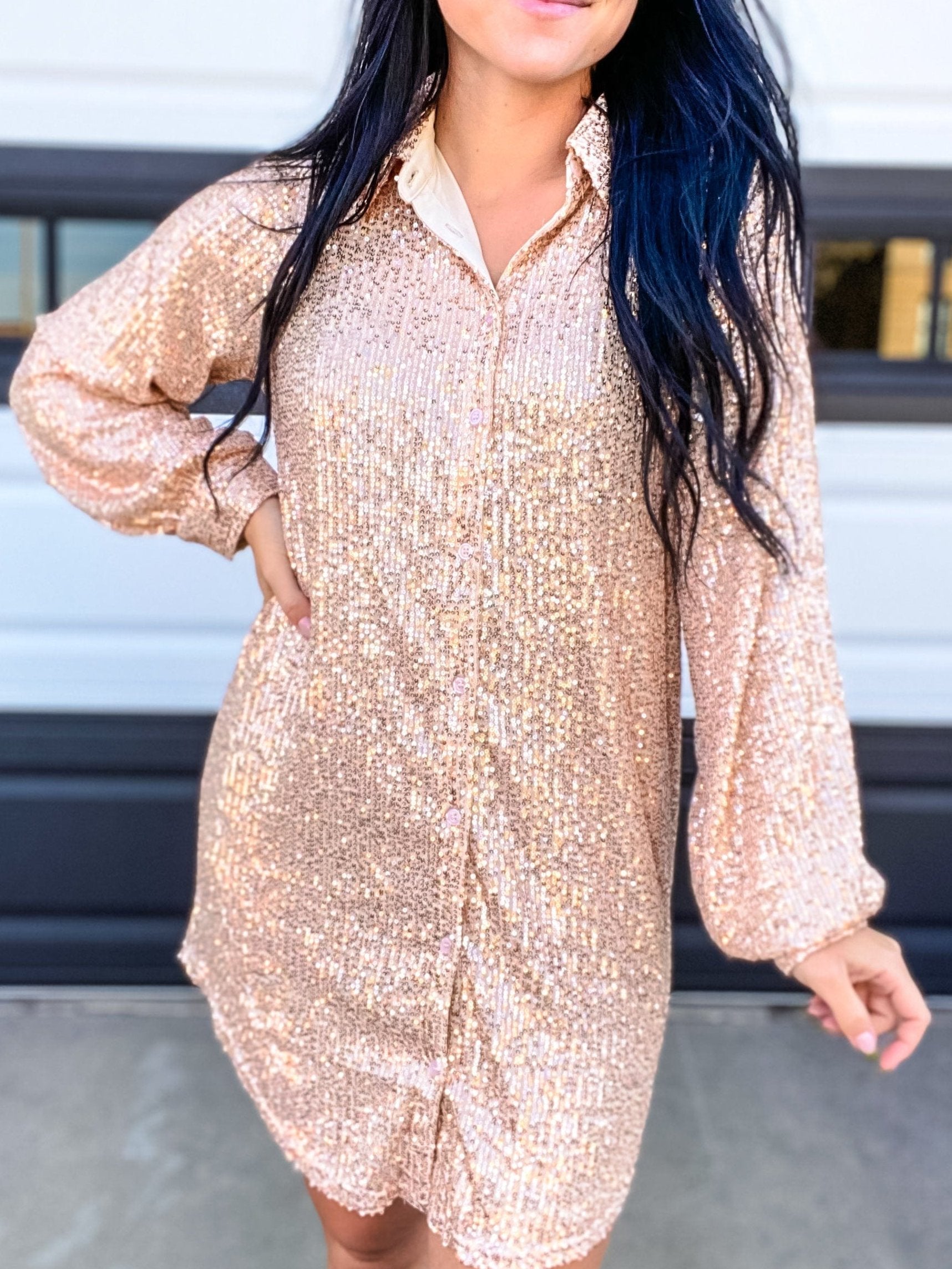 Dresses Roxi Short Sequin Shirt Dress- Cream