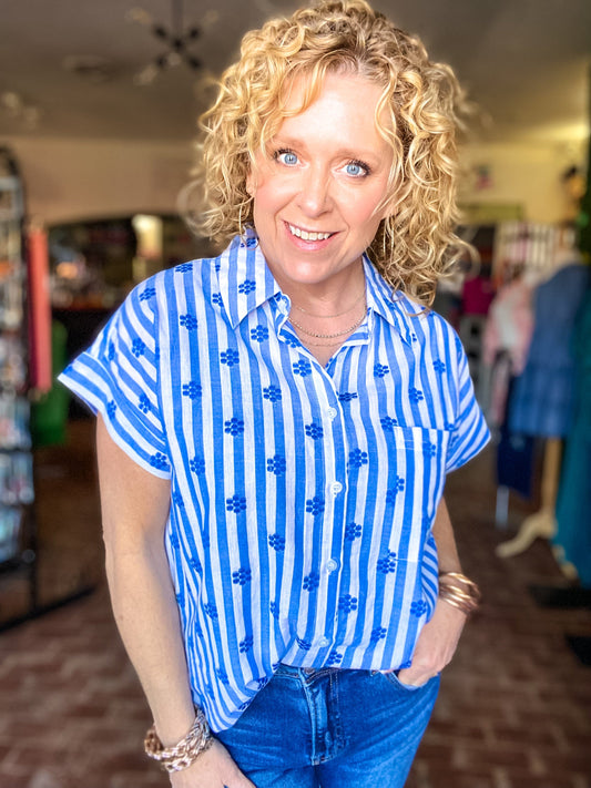 Tops Royal Blue Floral Stripe Button Down