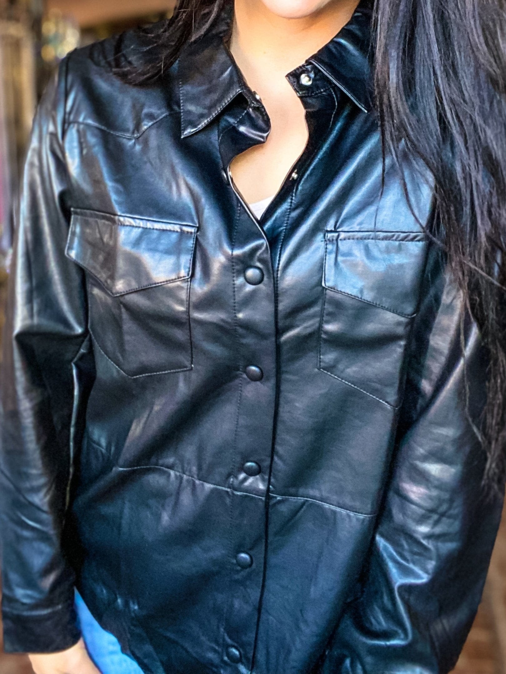 Vegan Leather Button Down-Black