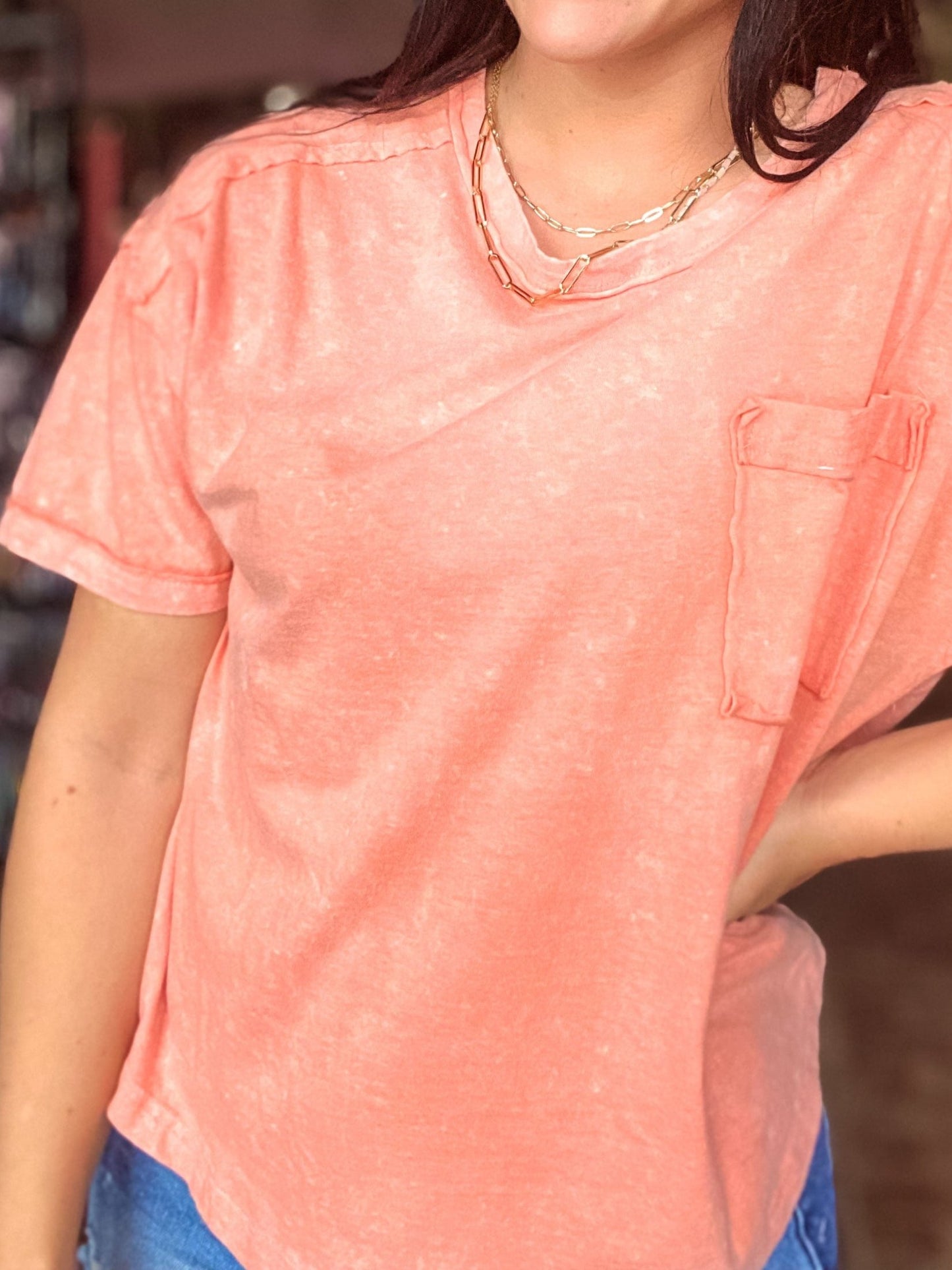 Tops Vintage Wash Pocket Tee- Peachy