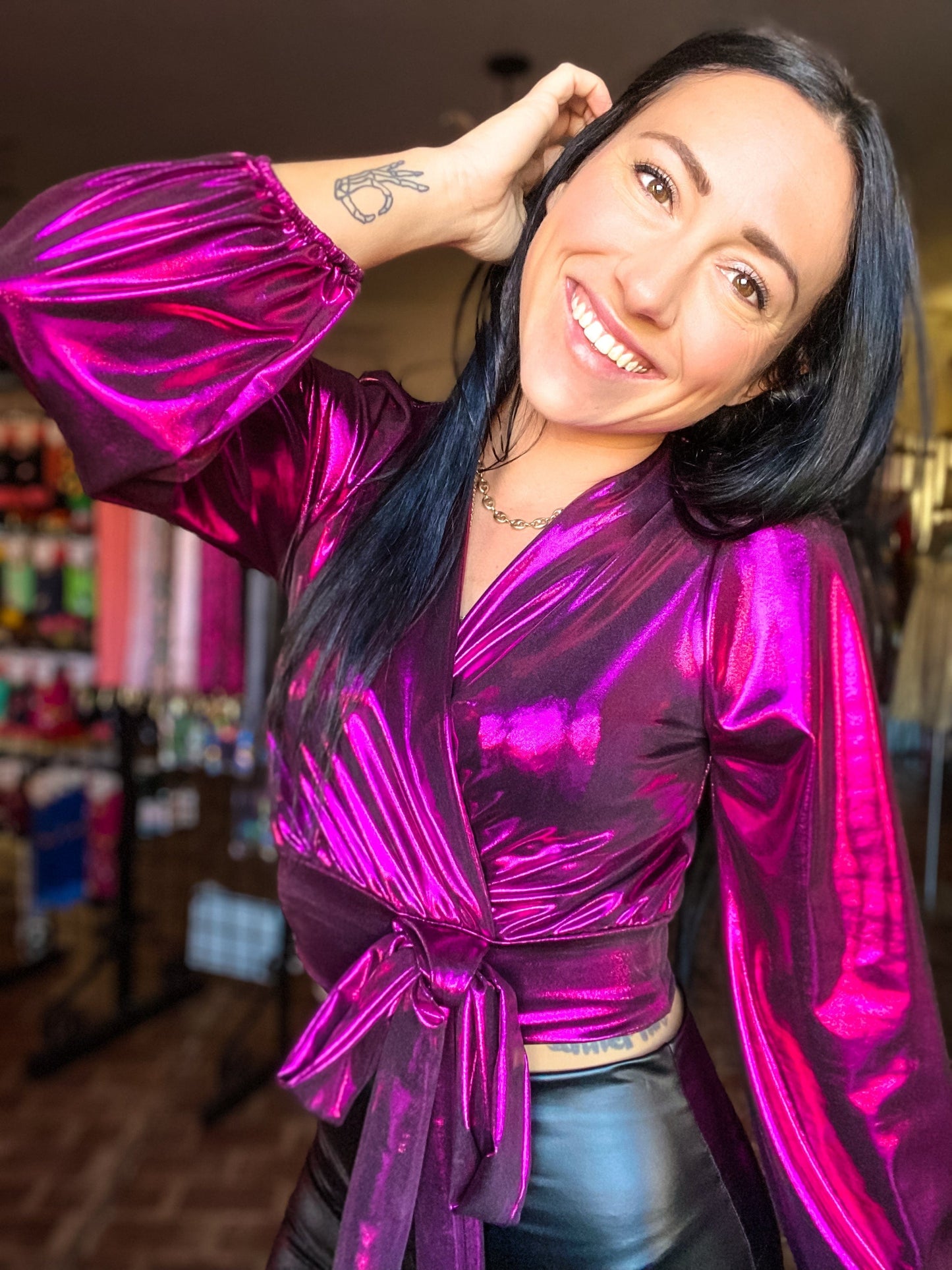 Shirts & Tops Vneck Metallic Shimmer Top-Fuchsia