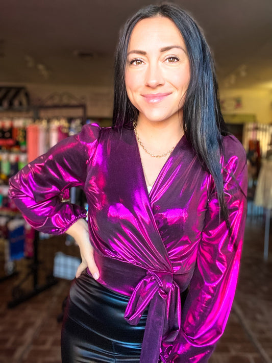 Shirts & Tops Vneck Metallic Shimmer Top-Fuchsia